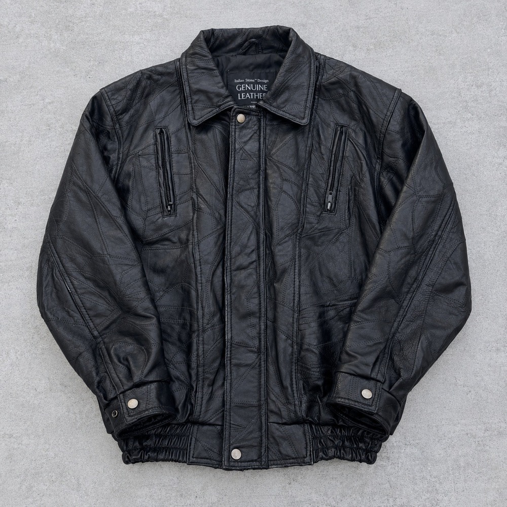 Italian Stone Design Navarre Black Patchwork Leather Bomber Jacket M Vintage
